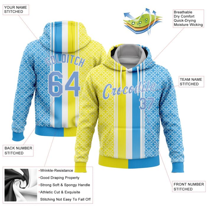 Gold Light Blue White 3D Pattern Design Custom Stitched Sports Hoodie Pullover Sweatshirt Custom Stitched Gold Light Blue-White - Image 2
