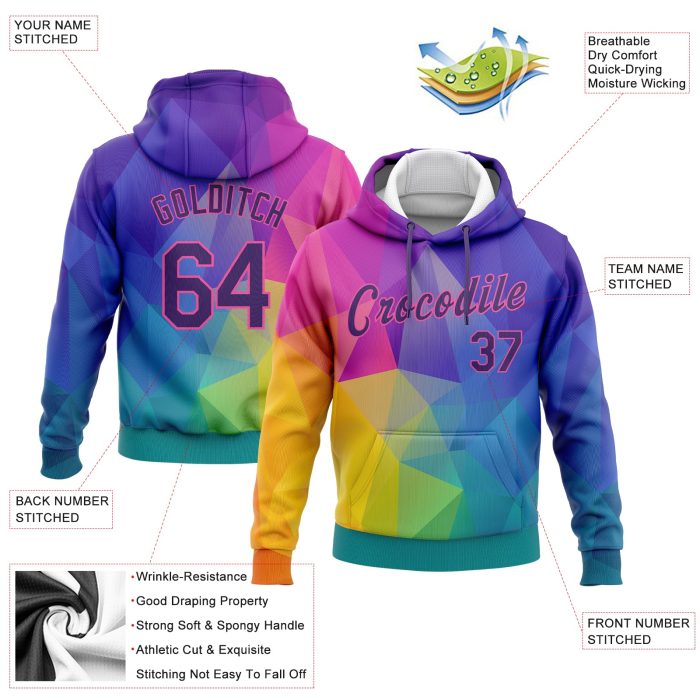 Gold Purple-Pink 3D Pattern Abstract Rainbow Sports Hoodie Custom Stitched Pullover Sweatshirt Custom Stitched Gold Purple-Pink - Image 2