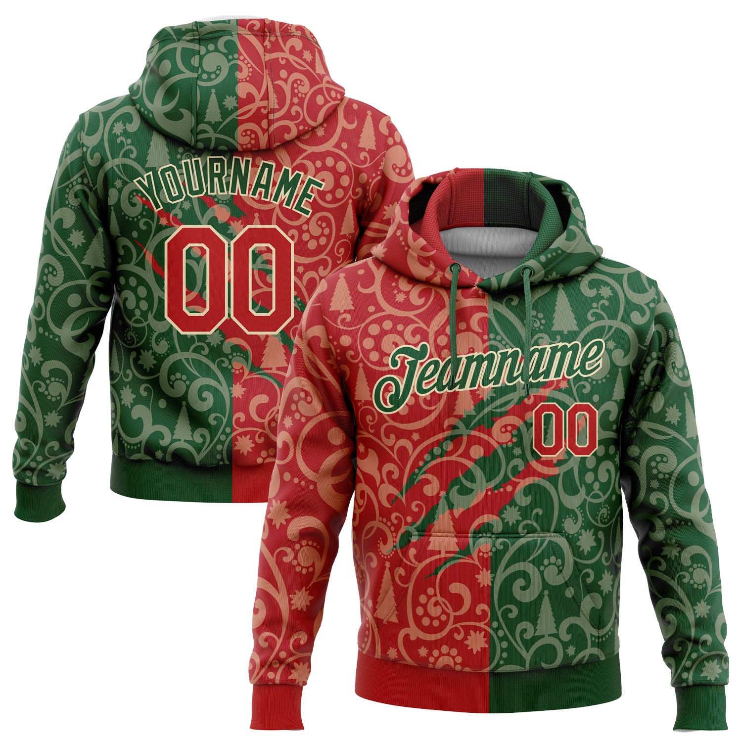 Custom Stitched 3D Christmas Hoodie Pullover Sweatshirt in Green Red Cream Custom Stitched Green Red-Cream 3D Christmas Sports