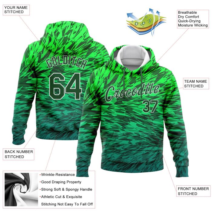 Custom Stitched 3D Pattern Gradient Sports Hoodie in Kelly Green and White, Pullover Sweatshirt Custom Stitched Kelly Green - Image 2