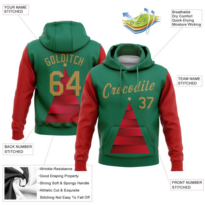 Kelly Green Old Gold-Red 3D Christmas Tree Sports Hoodie Pullover Sweatshirt - Custom Stitched Design Custom Stitched Kelly - Image 2
