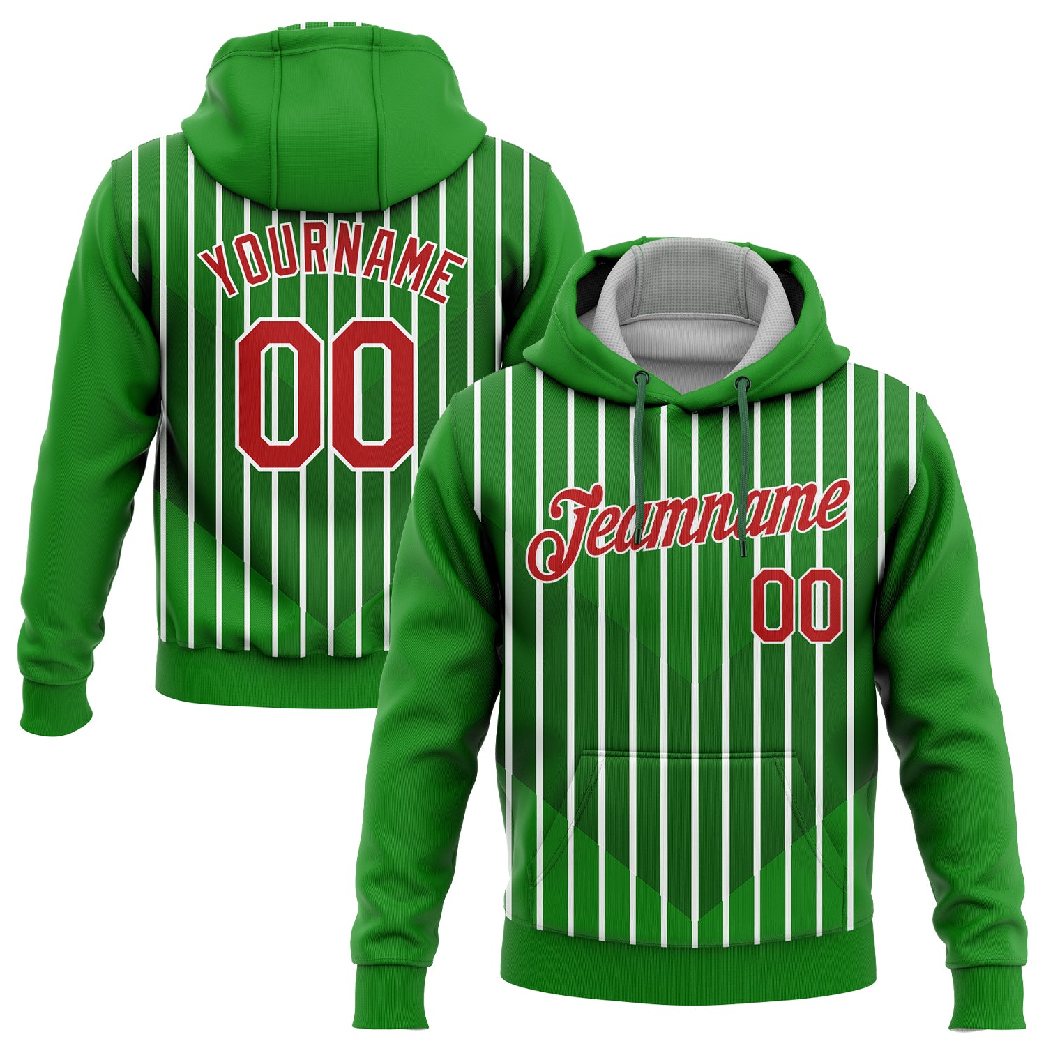 Custom Stitched 3D Pattern Green Red White Sports Hoodie Pullover Sweatshirt Custom Stitched Kelly Green Red Green-White
