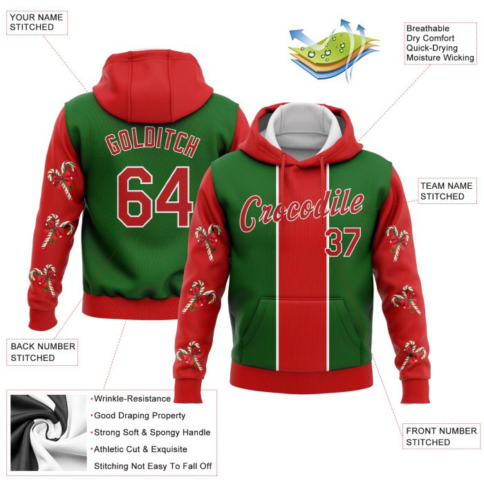 Christmas Candy Canes Hoodie Pullover Sweatshirt, Custom Stitched Kelly Green Red-White 3D Design Custom Stitched Kelly Green - Image 2