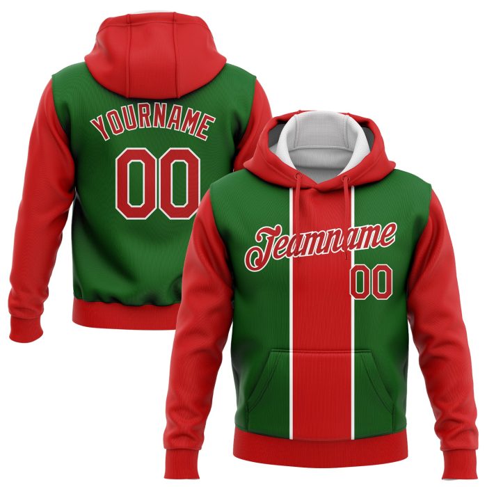 Kelly Green Red White 3D Christmas Sports Hoodie Pullover Sweatshirt - Custom Stitched Design Custom Stitched Kelly Green - Image 1