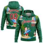 3D Tropical Christmas Surfing Santas Hoodie - Custom Stitched Kelly Green Red-White Sports Pullover Sweatshirt Custom Stitched