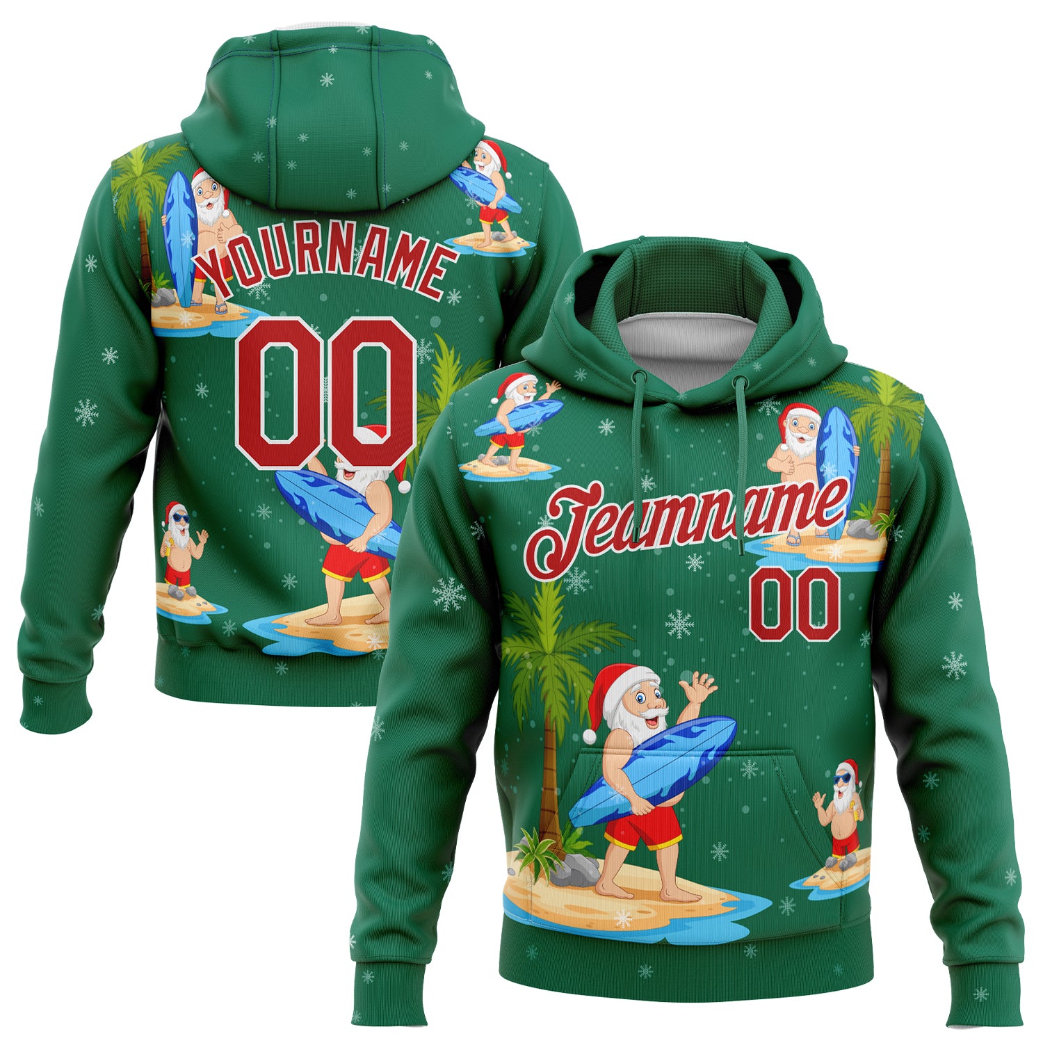 3D Tropical Christmas Surfing Santas Hoodie - Custom Stitched Kelly Green Red-White Sports Pullover Sweatshirt Custom Stitched