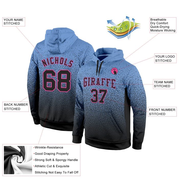 Light Blue Black-Pink Fade Fashion Sports Hoodie Custom Stitched Pullover Sweatshirt Custom Stitched Light Blue Black-Pink - Image 2