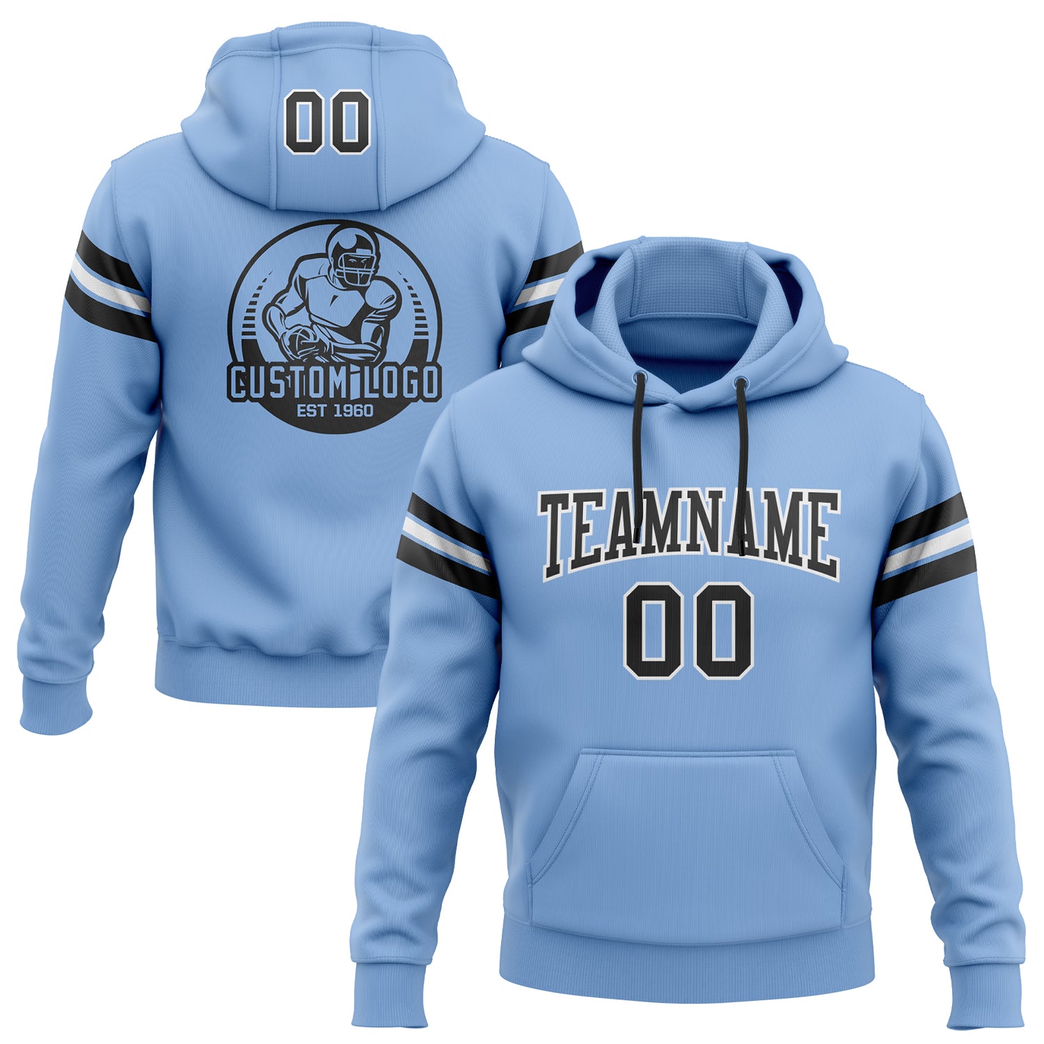 Light Blue Black White Custom Hoodie Sweatshirt Pullover for Football Custom Stitched Light Blue Black-White Football Pullover