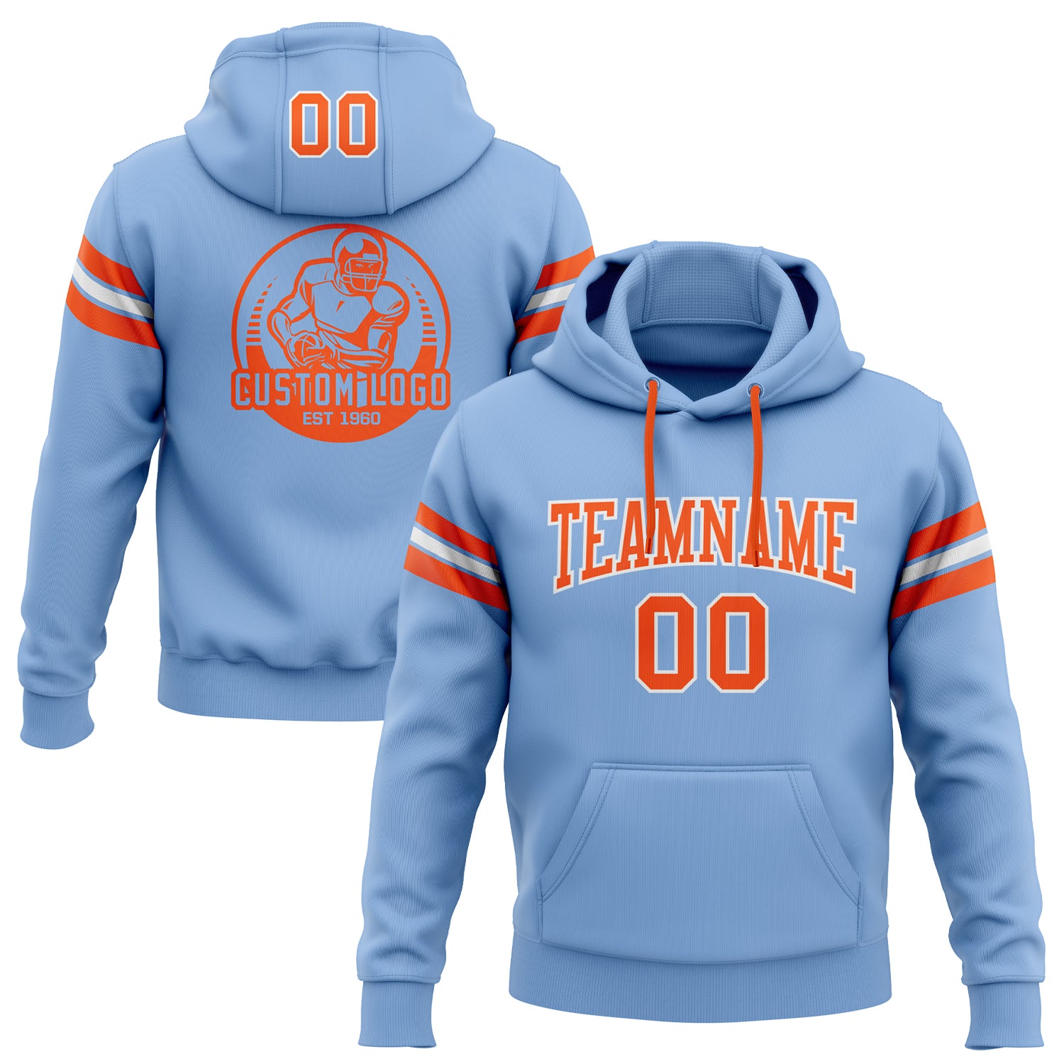 Light Blue Orange-White Custom Hoodie Sweatshirt Pullover for Football Fans Custom Stitched Light Blue Orange-White Football