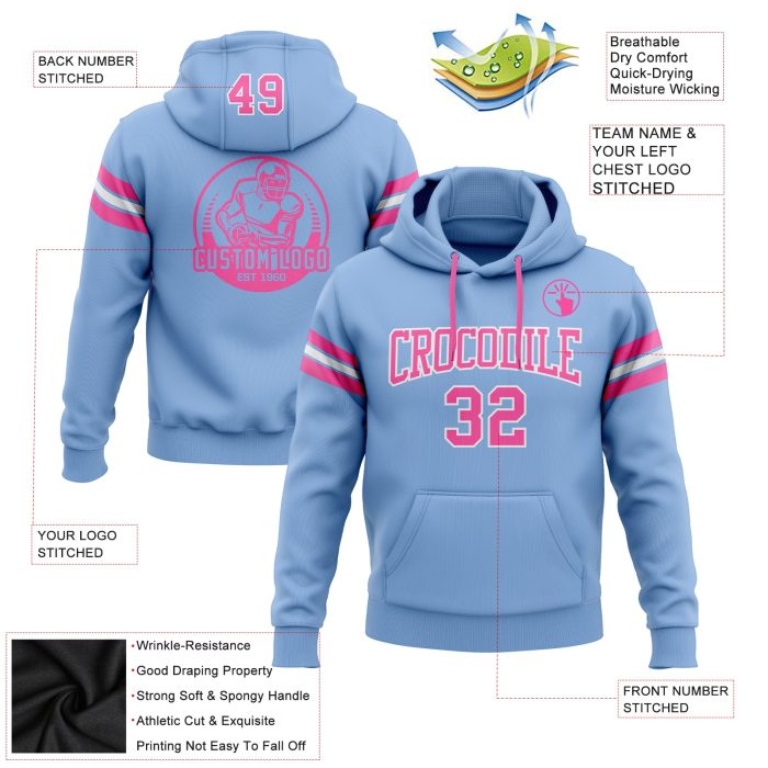Light Blue Pink White Football Hoodie Custom Stitched Pullover Sweatshirt Custom Stitched Light Blue Pink-White Football - Image 2