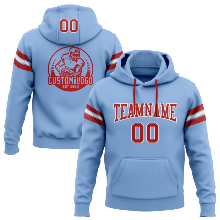 Light Blue Red-White Custom Football Hoodie Pullover Sweatshirt for Men/Women Custom Stitched Light Blue Red-White Football - Image 1