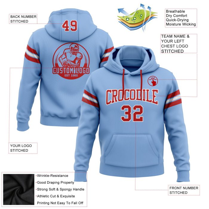 Light Blue Red-White Custom Football Hoodie Pullover Sweatshirt for Men/Women Custom Stitched Light Blue Red-White Football - Image 2