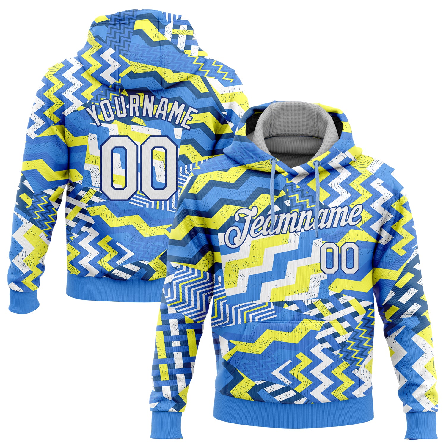 Light Blue White Gold-Royal 3D Pattern Sports Hoodie Pullover Sweatshirt Custom Stitched Design Custom Stitched Light Blue