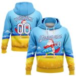 Light Blue White Gold 3D Tropical Christmas Surfing Santa Hoodie Pullover Sweatshirt - Custom Stitched Design Custom Stitched