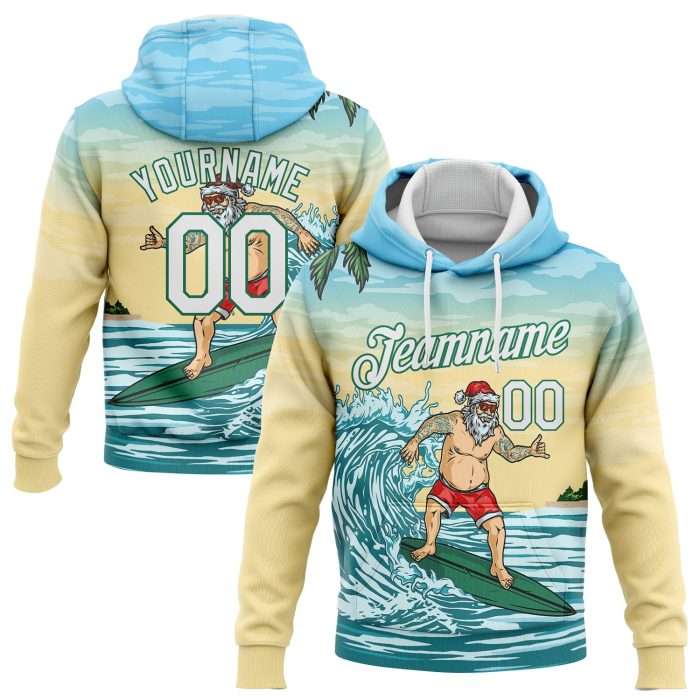 Light Blue White Kelly Green-Gold 3D Tropical Christmas Surfing Santa Pullover Sweatshirt Hoodie Custom Stitched Light Blue - Image 1