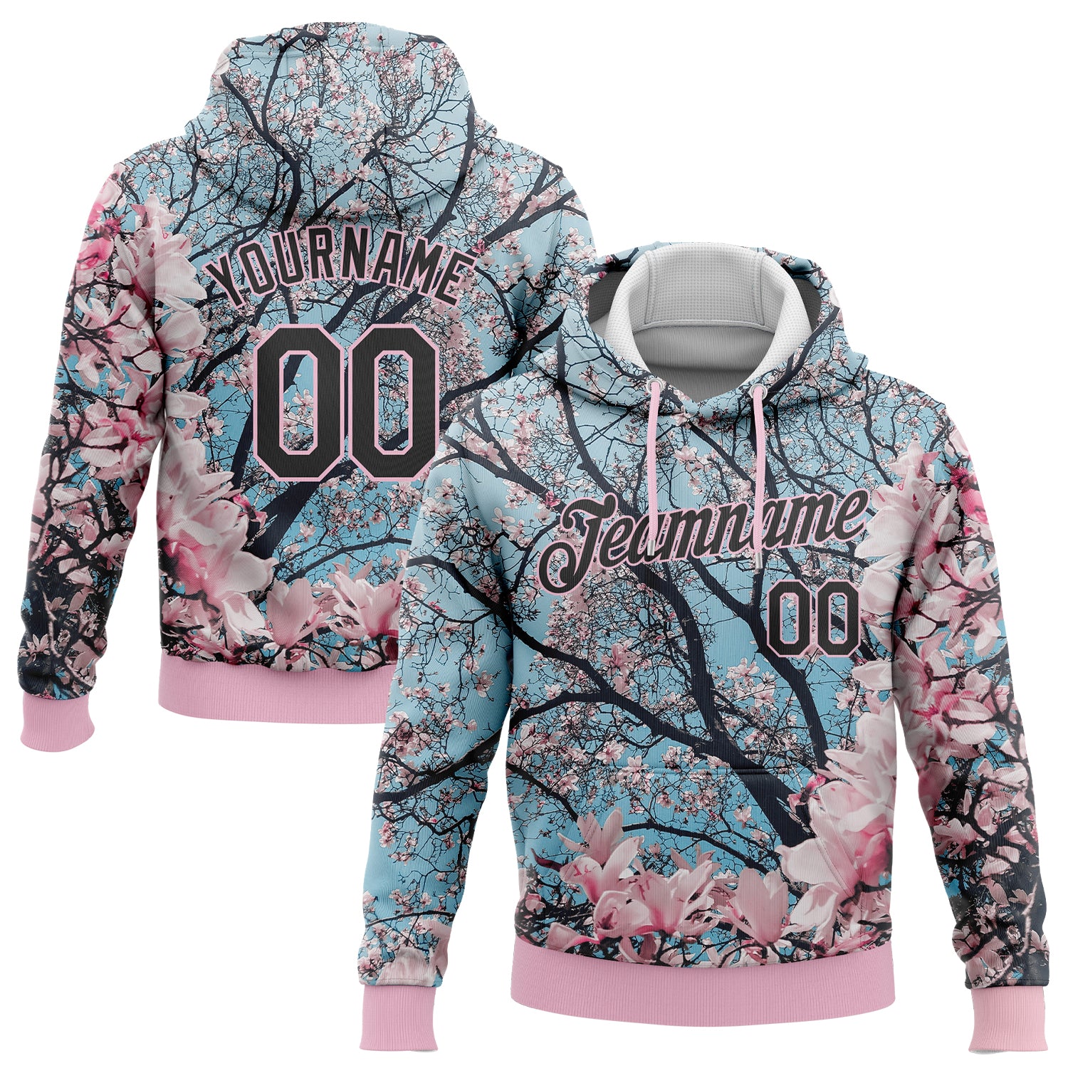 Light Pink Black 3D Cherry Blossom Sports Hoodie Custom Stitched Sweatshirt Pullover Custom Stitched Light Pink Black 3D