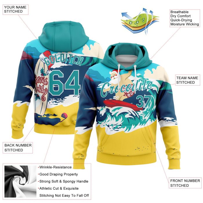 Navy Aqua-Gold 3D Tropical Surfing Santa Pullover Hoodie for Christmas Holiday Seaside Sports Custom Stitched Navy Aqua-Gold - Image 2