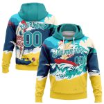 Navy Aqua-Gold 3D Tropical Surfing Santa Pullover Hoodie for Christmas Holiday Seaside Sports Custom Stitched Navy Aqua-Gold