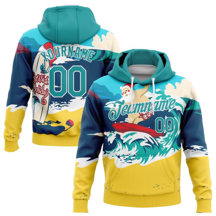 Navy Aqua-Gold 3D Tropical Surfing Santa Pullover Hoodie for Christmas Holiday Seaside Sports Custom Stitched Navy Aqua-Gold - Image 1