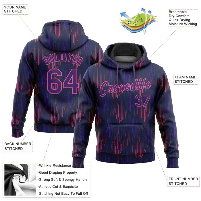 Navy Purple-Pink 3D Pattern Hoodie Custom Stitched Sports Pullover Sweatshirt Custom Stitched Navy Purple-Pink 3D Pattern - Image 2