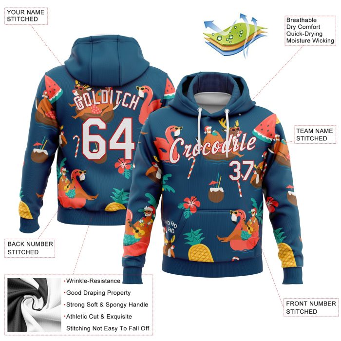 Navy 3D Tropical Santa Reindeer Flamingo Pullover Hoodie Sports Sweatshirt Custom Stitched Custom Stitched Navy White-Red - Image 2