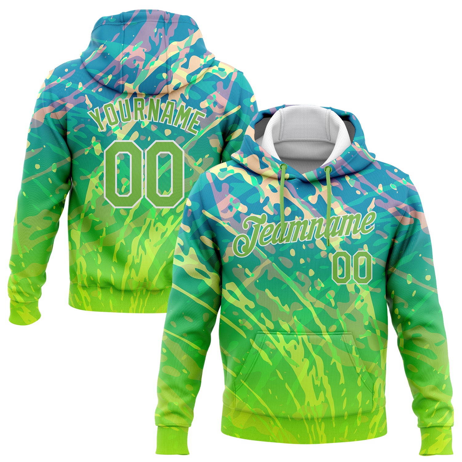 Neon Green White Gradient 3D Pattern Hoodie for Sports, Custom Stitched Pullover Sweatshirt Custom Stitched Neon Green Neon