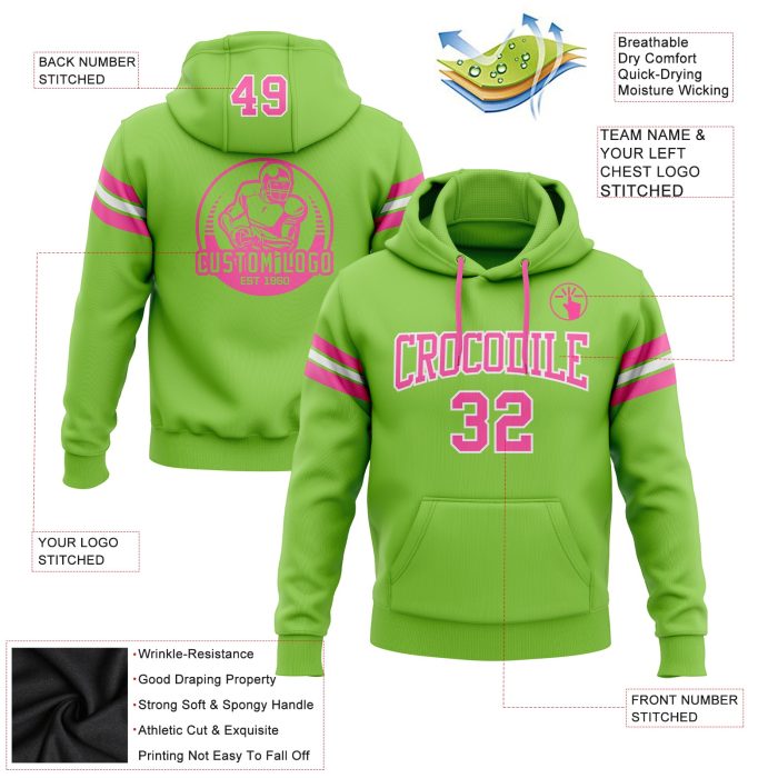 Neon Green Pink White Custom Stitched Hoodie Sweatshirt Pullover for Football Fans Custom Stitched Neon Green Pink-White - Image 2