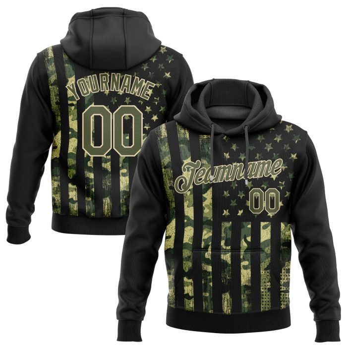 3D American Flag Pullover Hoodie - Custom Stitched Olive Olive-Cream Sports Sweatshirt, Salute To Service Custom Stitched - Image 1