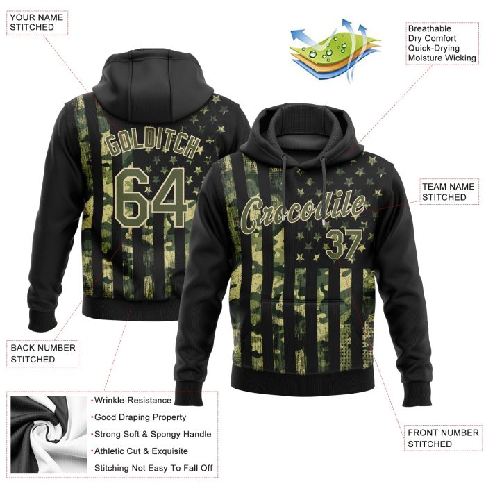 3D American Flag Pullover Hoodie - Custom Stitched Olive Olive-Cream Sports Sweatshirt, Salute To Service Custom Stitched - Image 2