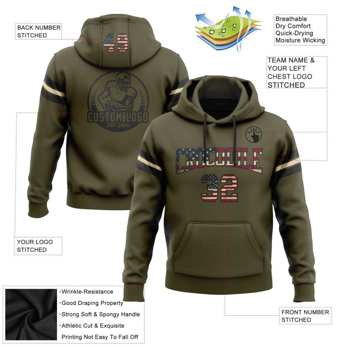 Olive Vintage USA Flag Football Hoodie Black-Cream Custom Stitched Pullover Sweatshirt Salute To Service Custom Stitched - Image 2