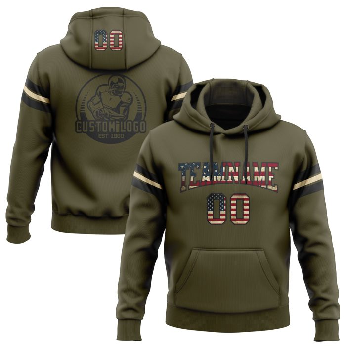 Olive Vintage USA Flag Football Hoodie Black-Cream Custom Stitched Pullover Sweatshirt Salute To Service Custom Stitched - Image 1