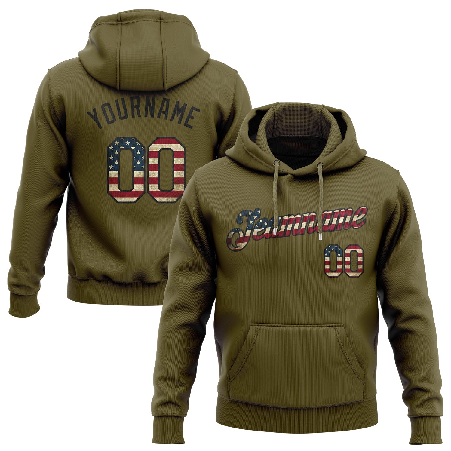 Olive Vintage USA Flag Pullover Hoodie - Custom Stitched Black Sports Sweatshirt, Salute to Service Custom Stitched Olive