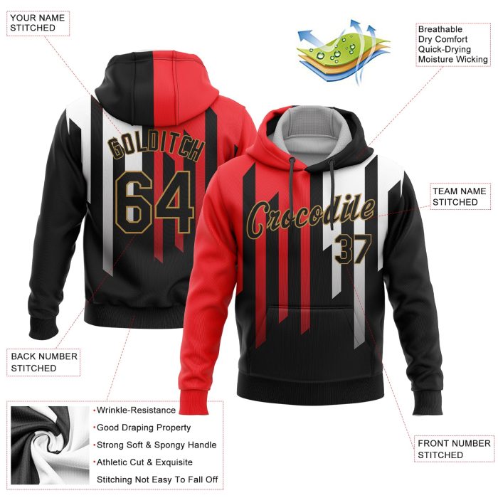 Custom Stitched 3D Pattern Hoodie - Orange Black Old Gold White Sports Pullover Sweatshirt Custom Stitched Orange Black Old - Image 2