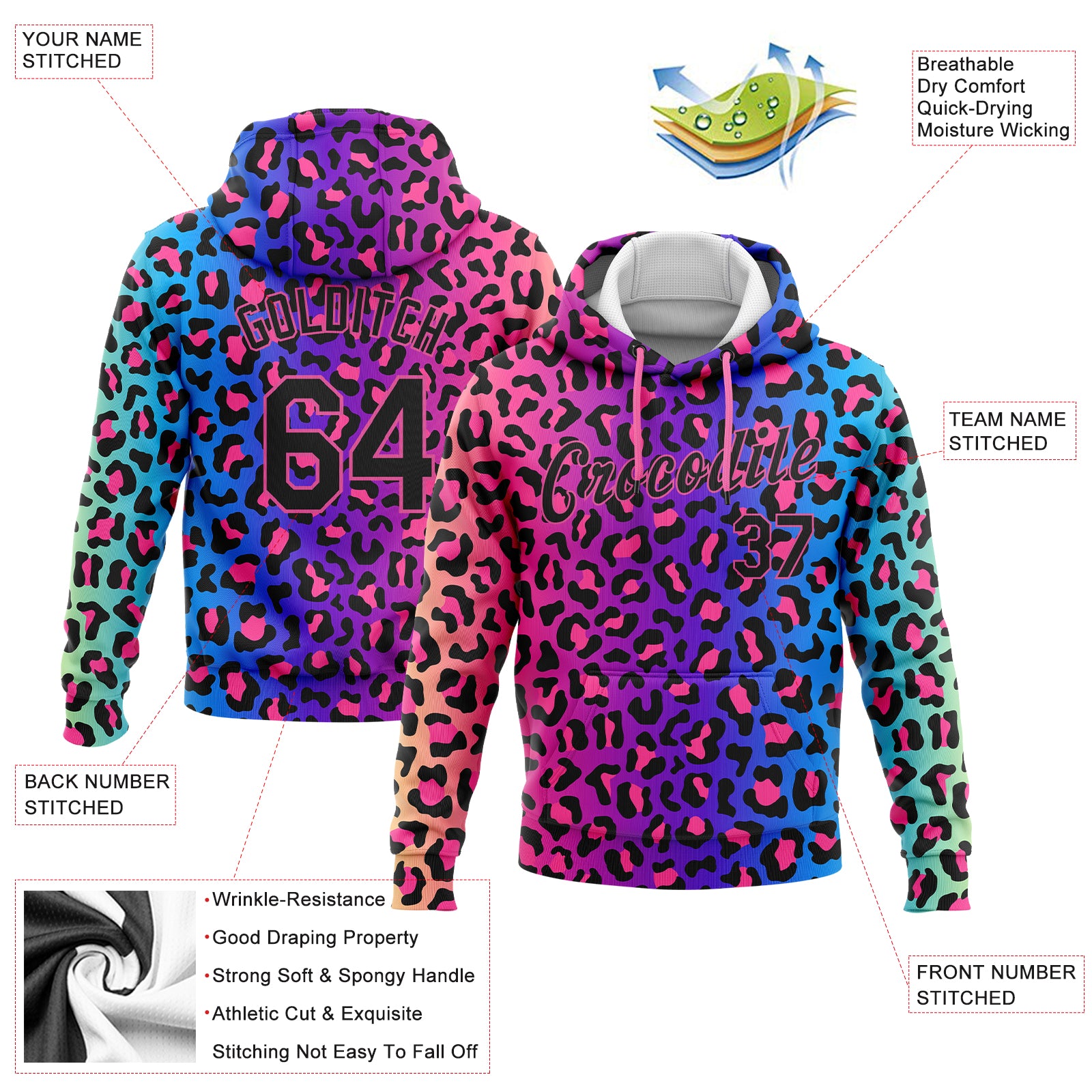 Custom Stitched Purple Black-Pink 3D Pattern Design Leopard Sports Pullover Sweatshirt Hoodie Purple Black-Pink 3D Leopard Pattern Custom Stitched Sports Hoodie Pullover Sweatshirt Custom Stitched Purple Black-Pink - Image 2