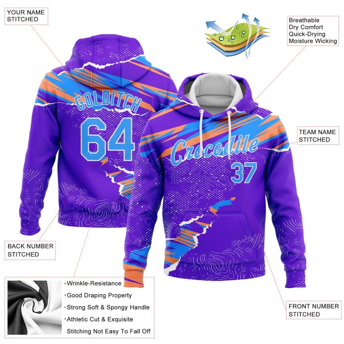 3D Pattern Design Sports Hoodie - Custom Stitched Purple Light Blue Orange White Pullover Sweatshirt Custom Stitched Purple - Image 2