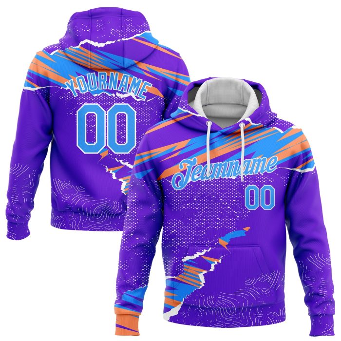 3D Pattern Design Sports Hoodie - Custom Stitched Purple Light Blue Orange White Pullover Sweatshirt Custom Stitched Purple - Image 1