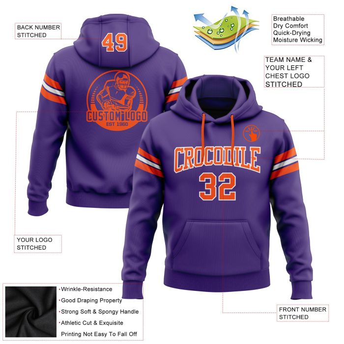 Purple Orange White Football Hoodie Custom Stitched Pullover Sweatshirt Custom Stitched Purple Orange-White Football Pullover - Image 2