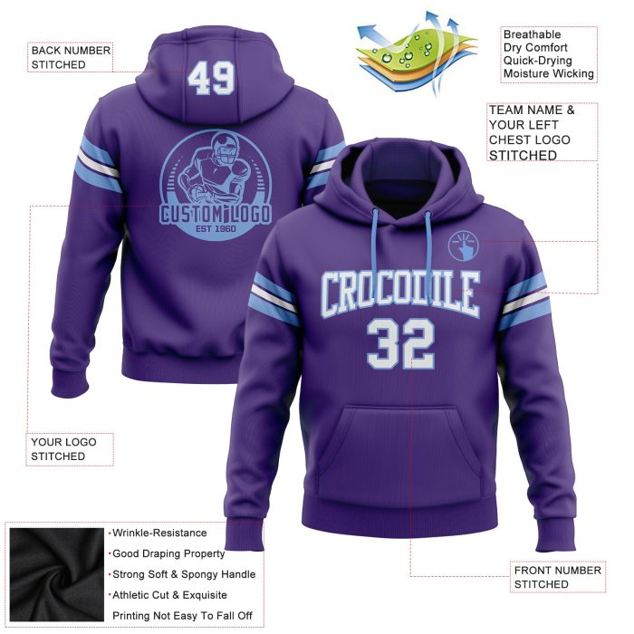Custom Stitched Purple White Light Blue Hoodie Pullover Sweatshirt for Football Fans Custom Stitched Purple White-Light Blue - Image 2