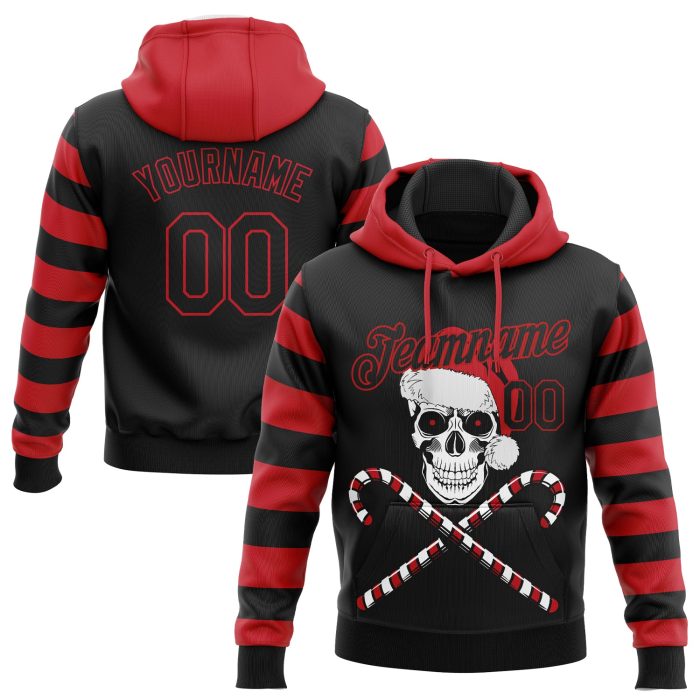 3D Skull Christmas Santa Hat Pullover Hoodie, Custom Stitched Red Black White Sweatshirt Custom Stitched Red Black-White - Image 1