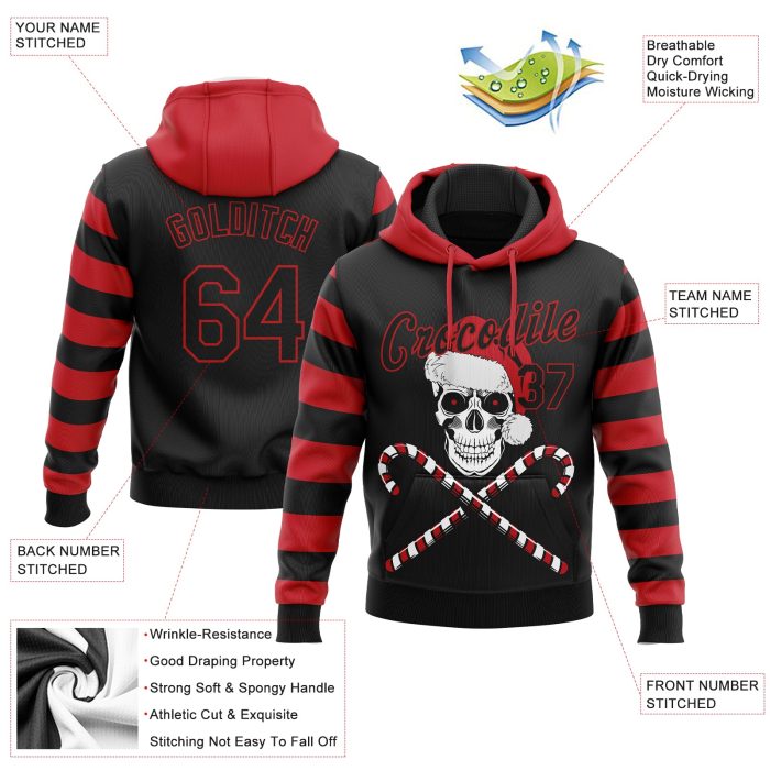 3D Skull Christmas Santa Hat Pullover Hoodie, Custom Stitched Red Black White Sweatshirt Custom Stitched Red Black-White - Image 2