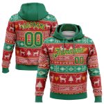 3D Christmas Reindeer Pullover Hoodie Sweatshirt - Custom Stitched Red Kelly Green-Gold Design Custom Stitched Red Kelly