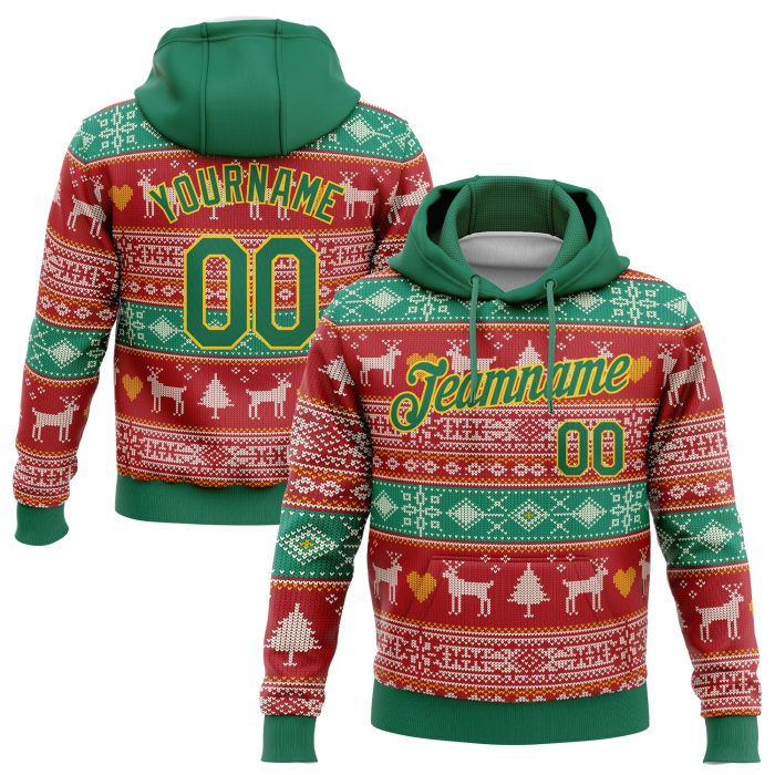 3D Christmas Reindeer Pullover Hoodie Sweatshirt - Custom Stitched Red Kelly Green-Gold Design Custom Stitched Red Kelly - Image 1