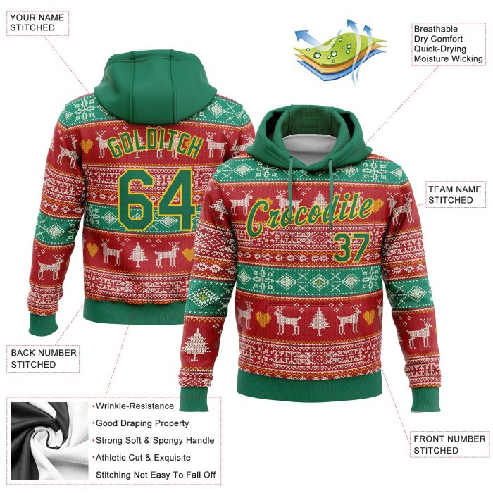 3D Christmas Reindeer Pullover Hoodie Sweatshirt - Custom Stitched Red Kelly Green-Gold Design Custom Stitched Red Kelly - Image 2