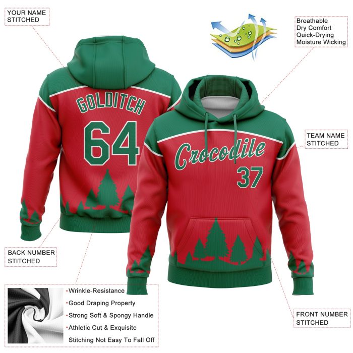 Red Green White 3D Christmas Trees Pullover Hoodie Sweatshirt Custom Stitched Custom Stitched Red Kelly Green-White 3D Christmas - Image 2