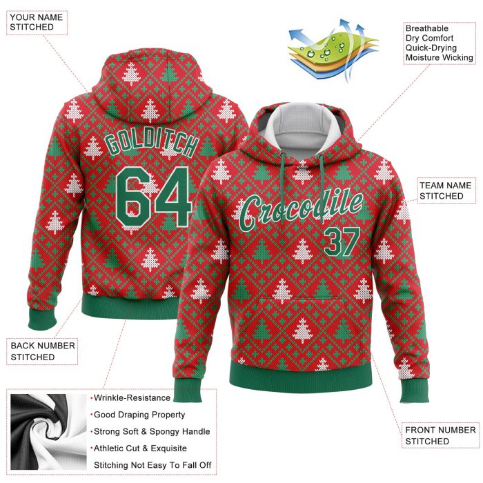 Custom Christmas Trees 3D Pullover Hoodie Sweatshirt Red Kelly Green-White Style 3850 Custom Stitched Red Kelly Green-White - Image 2