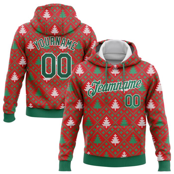 Custom Christmas Trees 3D Pullover Hoodie Sweatshirt Red Kelly Green-White Style 3850 Custom Stitched Red Kelly Green-White - Image 1