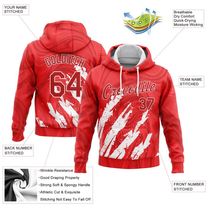 Red and White 3D Pattern Sports Hoodie, Custom Stitched Pullover Sweatshirt for Active Wear Custom Stitched Red Red-White - Image 2