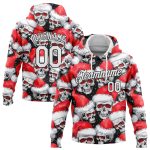 Custom Red White Black 3D Skull Santa Hat Sweatshirt Hoodie - Stitched Sports Pullover for Holiday Style Custom Stitched