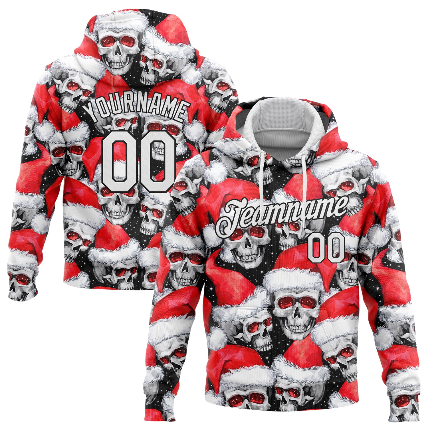 Custom Red White Black 3D Skull Santa Hat Sweatshirt Hoodie - Stitched Sports Pullover for Holiday Style Custom Stitched