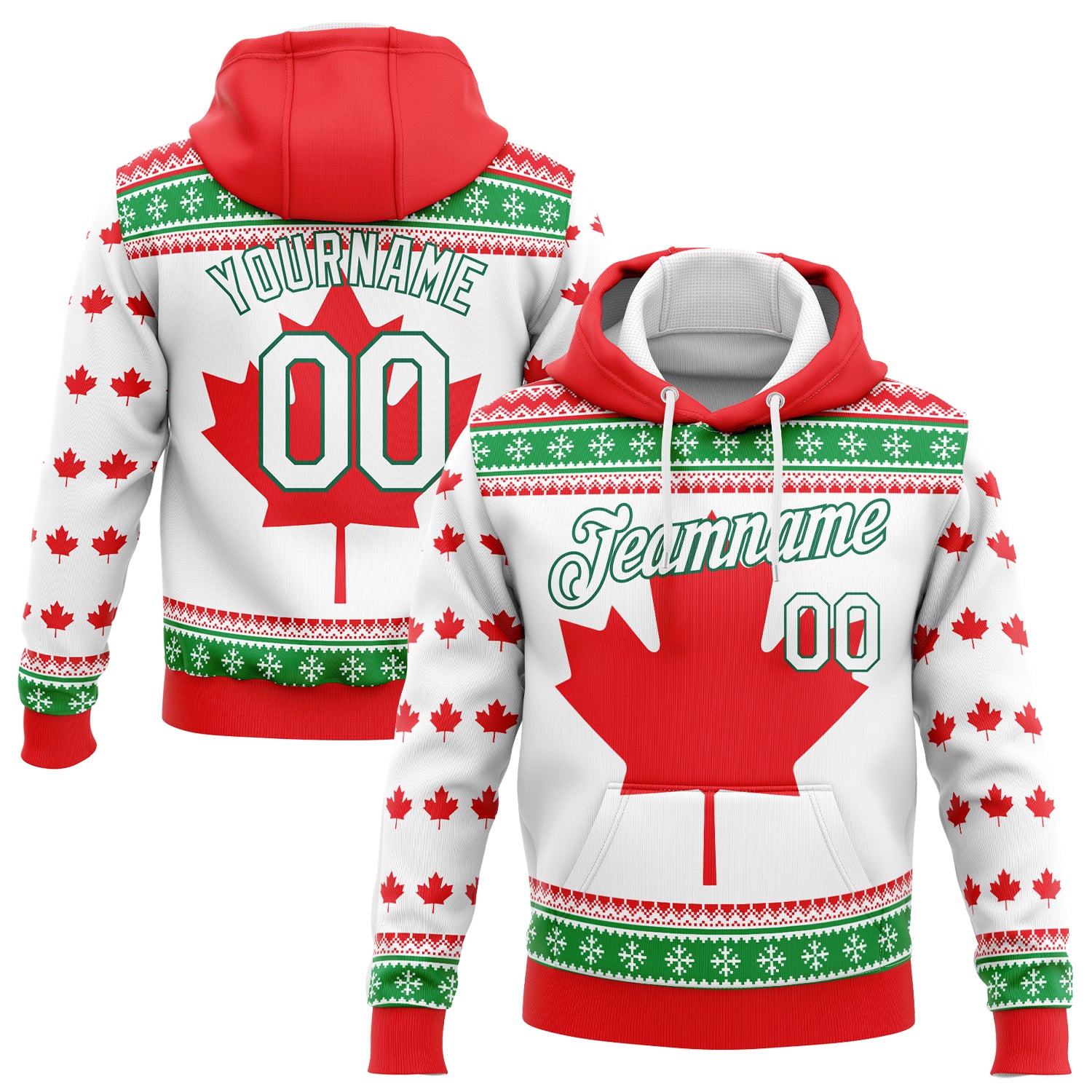 Custom Stitched Red White-Kelly Green 3D Canadian Flag Sports Pullover Sweatshirt Hoodie 3D Canadian Flag Pullover Hoodie Sweatshirt - Custom Stitched Red White Kelly Green Custom Stitched Red White-Kelly Green - Image 1